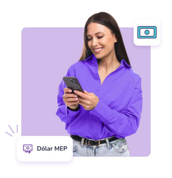 Comprá dólar MEP con Prex y recibilo al instante Mujer con celular sonriendo tras recibir dólar MEP en su cuenta Prex al instante